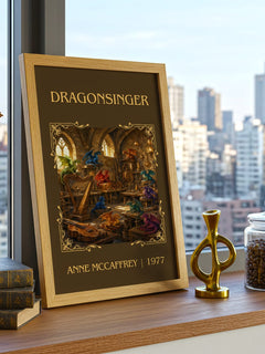 Dragonsinger Classic Book Art Print by Anne McCaffrey – framed print on a city-view windowsill