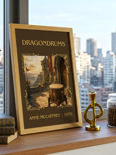 Dragondrums Classic Book Art Print by Anne McCaffrey – framed print on a city-view windowsill