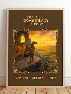 Moreta: Dragonlady of Pern Classic Book Art Print by Anne McCaffrey – framed print leaning on a wooden floor