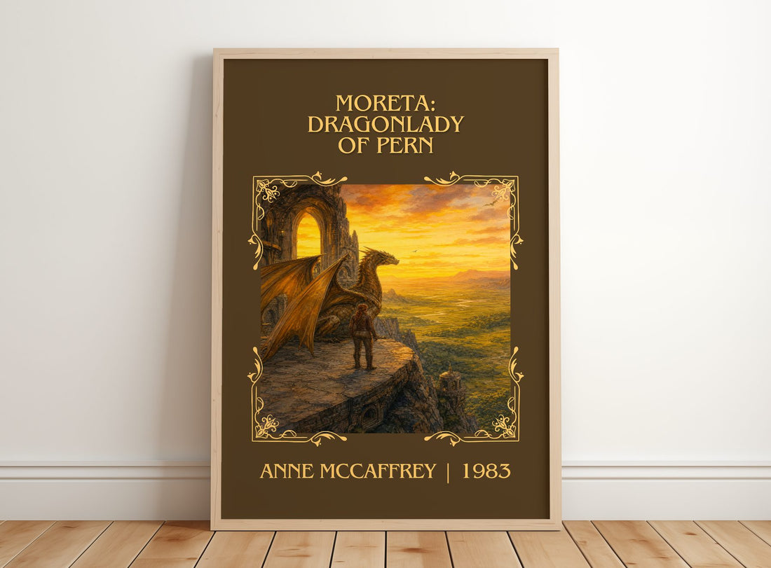 Moreta: Dragonlady of Pern Classic Book Art Print by Anne McCaffrey – framed print leaning on a wooden floor