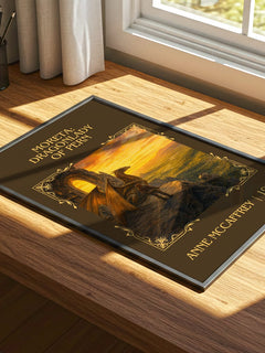 Moreta: Dragonlady of Pern Classic Book Art Print by Anne McCaffrey – print on a sunlit desk