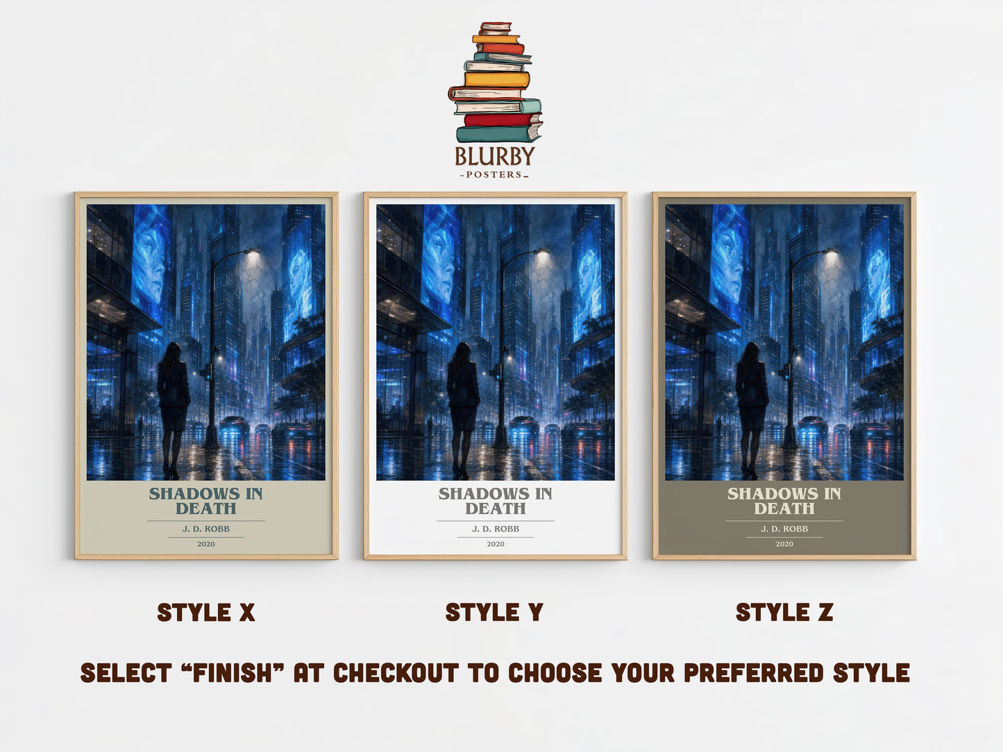 Shadows In Death book cover print in frame leaning in hallway – crime wall art
