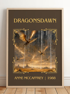 Dragonsdawn Classic Book Art Print by Anne McCaffrey – framed print leaning on a wooden floor