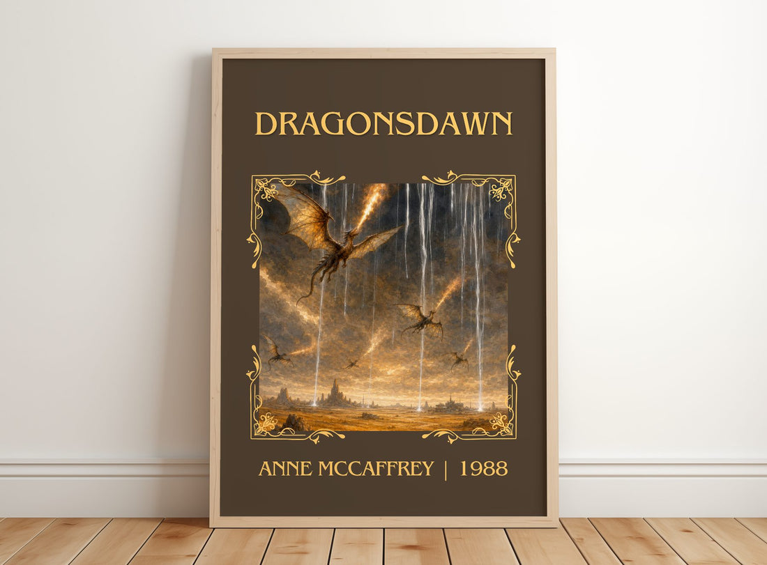 Dragonsdawn Classic Book Art Print by Anne McCaffrey – framed print leaning on a wooden floor