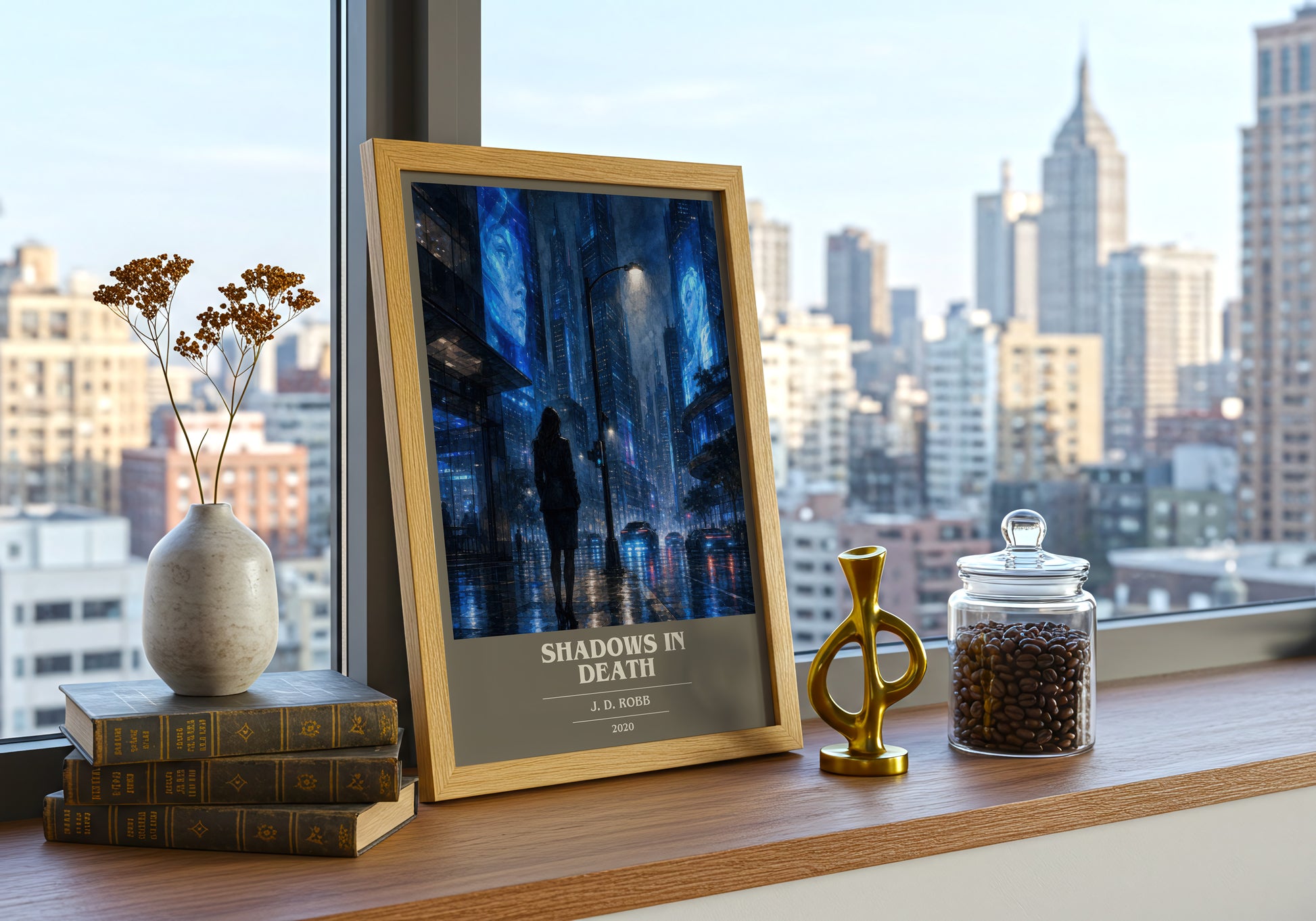 Shadows In Death book cover print framed by window – literary home decor