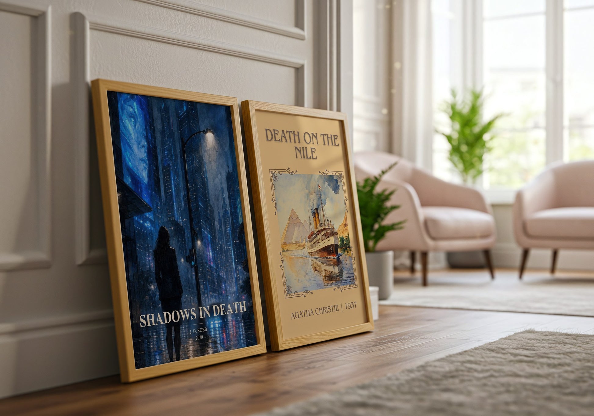 Shadows In Death watercolour print framed by window – literary home decor