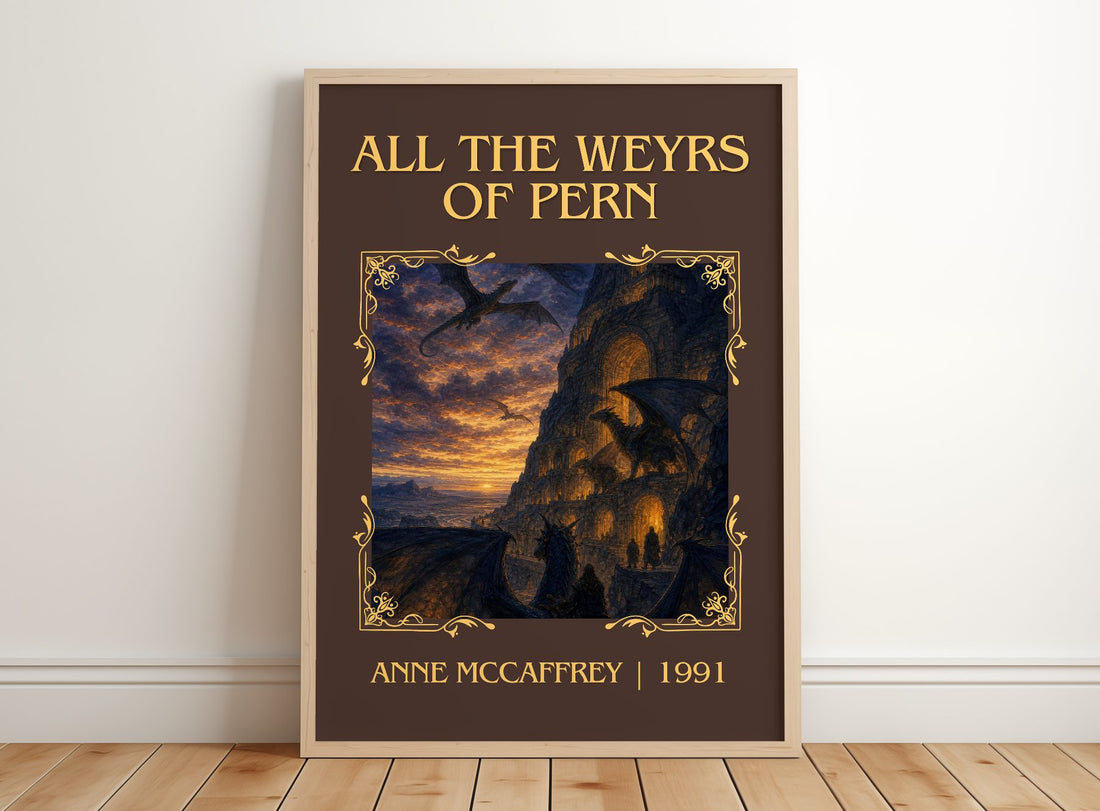 All the Weyrs of Pern Classic Book Art Print by Anne McCaffrey – framed print leaning on a wooden floor