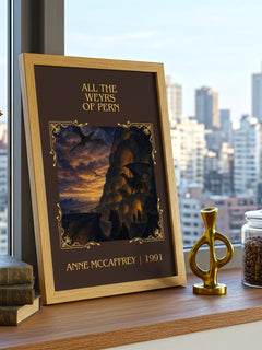 All the Weyrs of Pern Classic Book Art Print by Anne McCaffrey – framed print on a city-view windowsill
