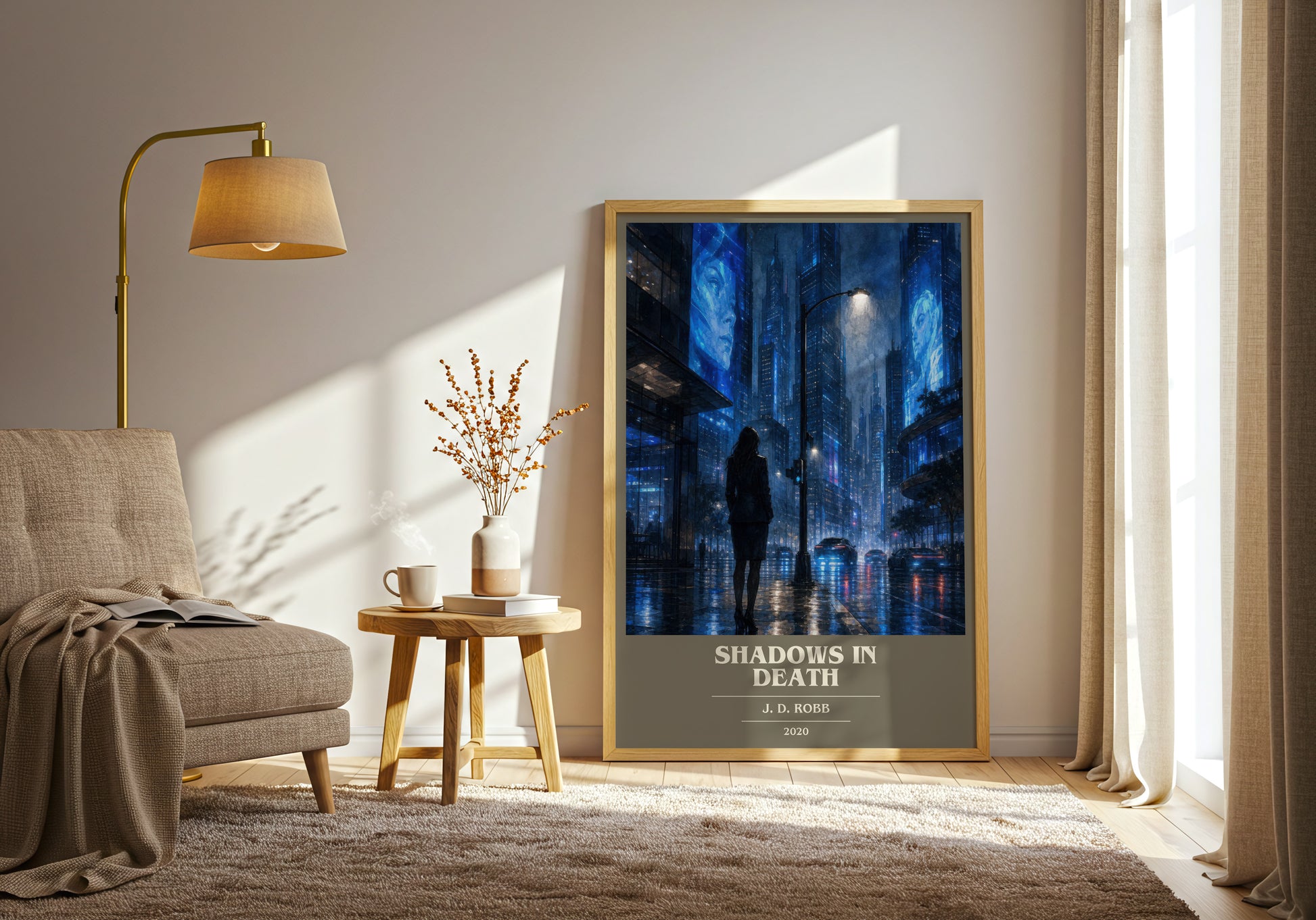Shadows In Death book cover print on bookshelf – J. D. Robb fan gift