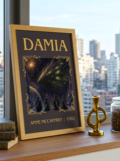 Damia Classic Book Art Print by Anne McCaffrey – framed print on a city-view windowsill