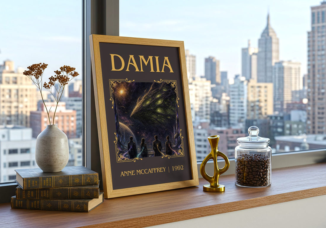 Damia Classic Book Art Print by Anne McCaffrey – framed print on a city-view windowsill