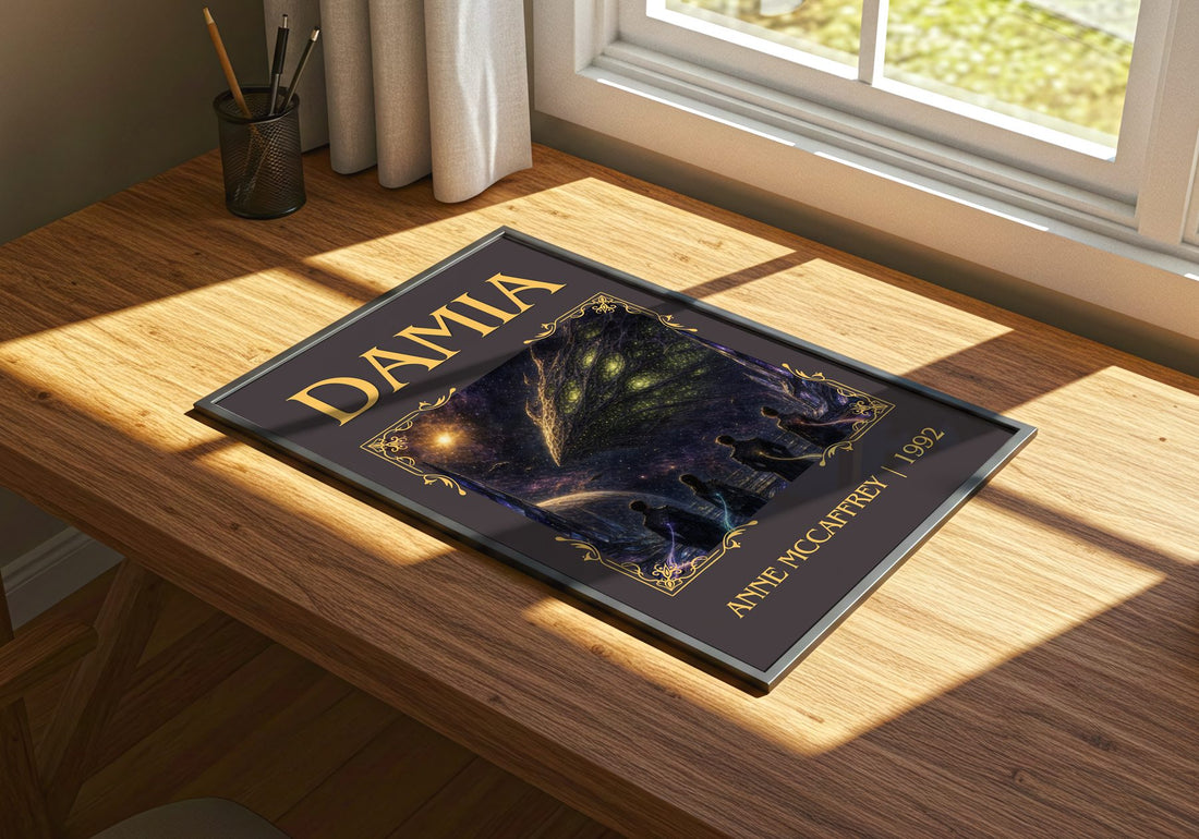 Damia Classic Book Art Print by Anne McCaffrey – print on a sunlit desk