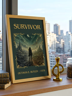 Survivor Classic Book Art Print by Octavia E. Butler – framed print on a city-view windowsill