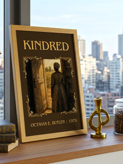 Kindred Classic Book Art Print by Octavia E. Butler – framed print on a city-view windowsill