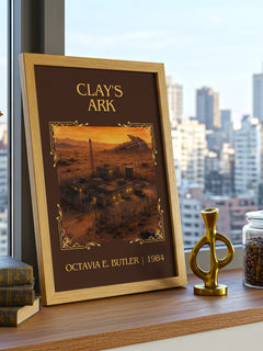Clay's Ark Classic Book Art Print by Octavia E. Butler – framed print on a city-view windowsill