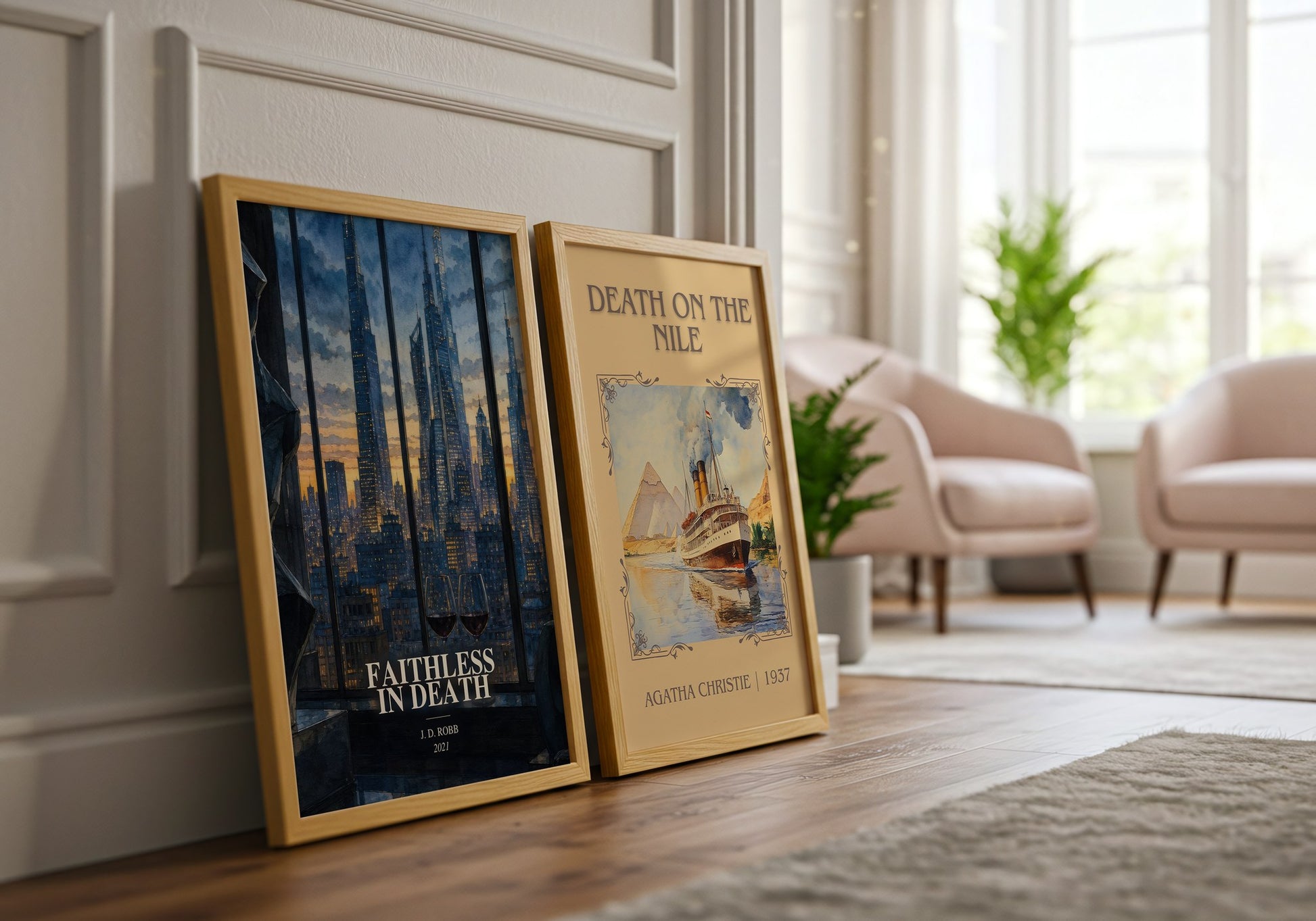 Faithless In Death watercolour print framed by window – literary home decor