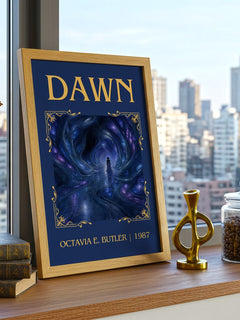 Dawn Classic Book Art Print by Octavia E. Butler – framed print on a city-view windowsill