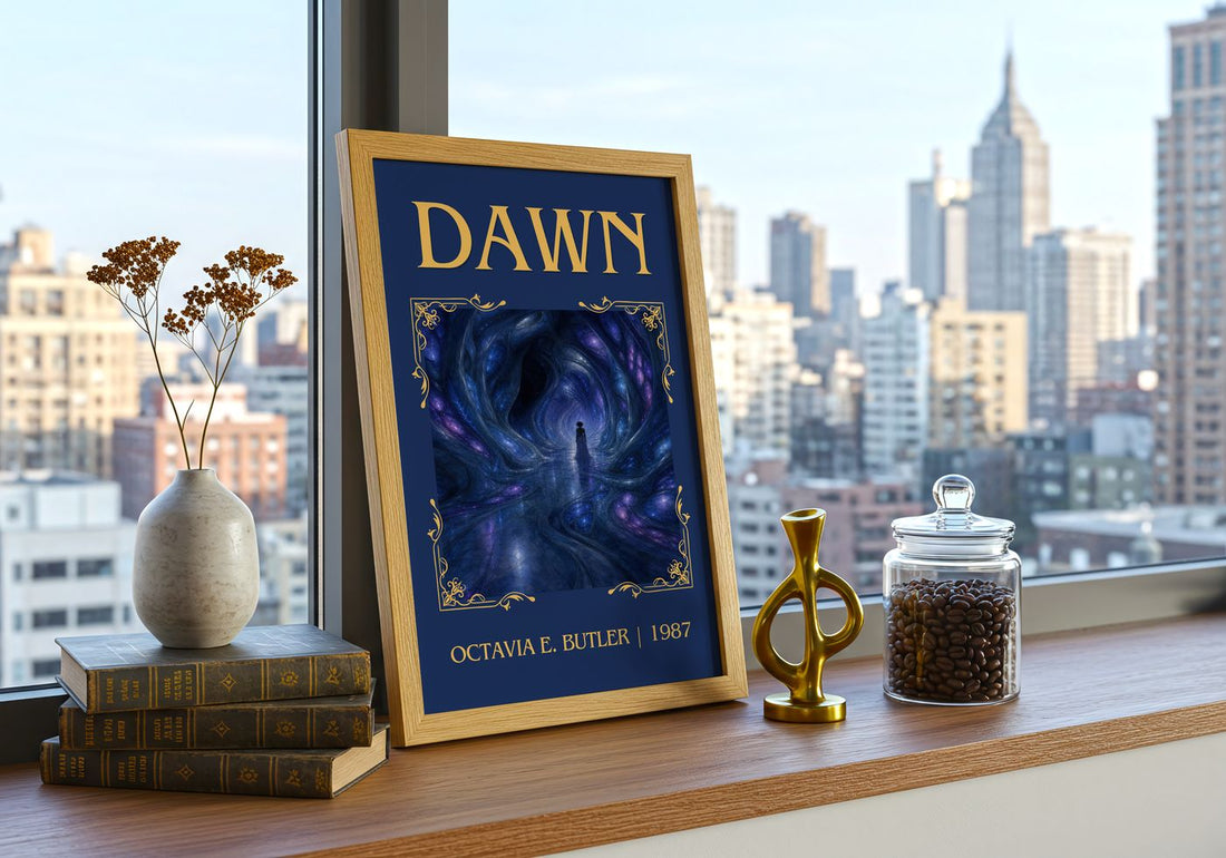 Dawn Classic Book Art Print by Octavia E. Butler – framed print on a city-view windowsill