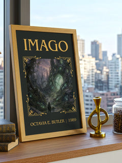 Imago Classic Book Art Print by Octavia E. Butler – framed print on a city-view windowsill