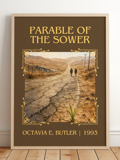 Parable of the Sower Classic Book Art Print by Octavia E. Butler – framed print leaning on a wooden floor