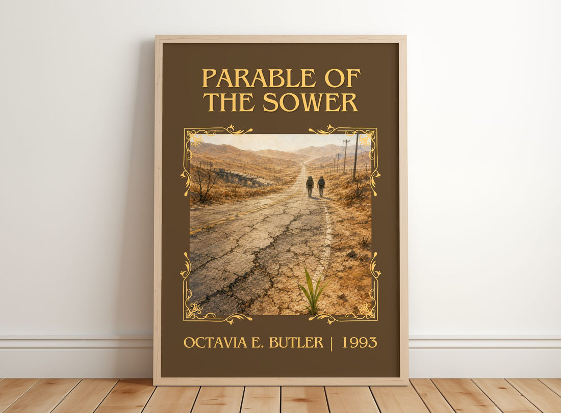 Parable of the Sower Classic Book Art Print by Octavia E. Butler – framed print leaning on a wooden floor
