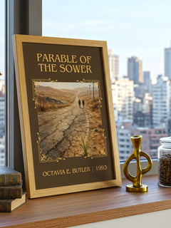 Parable of the Sower Classic Book Art Print by Octavia E. Butler – framed print on a city-view windowsill