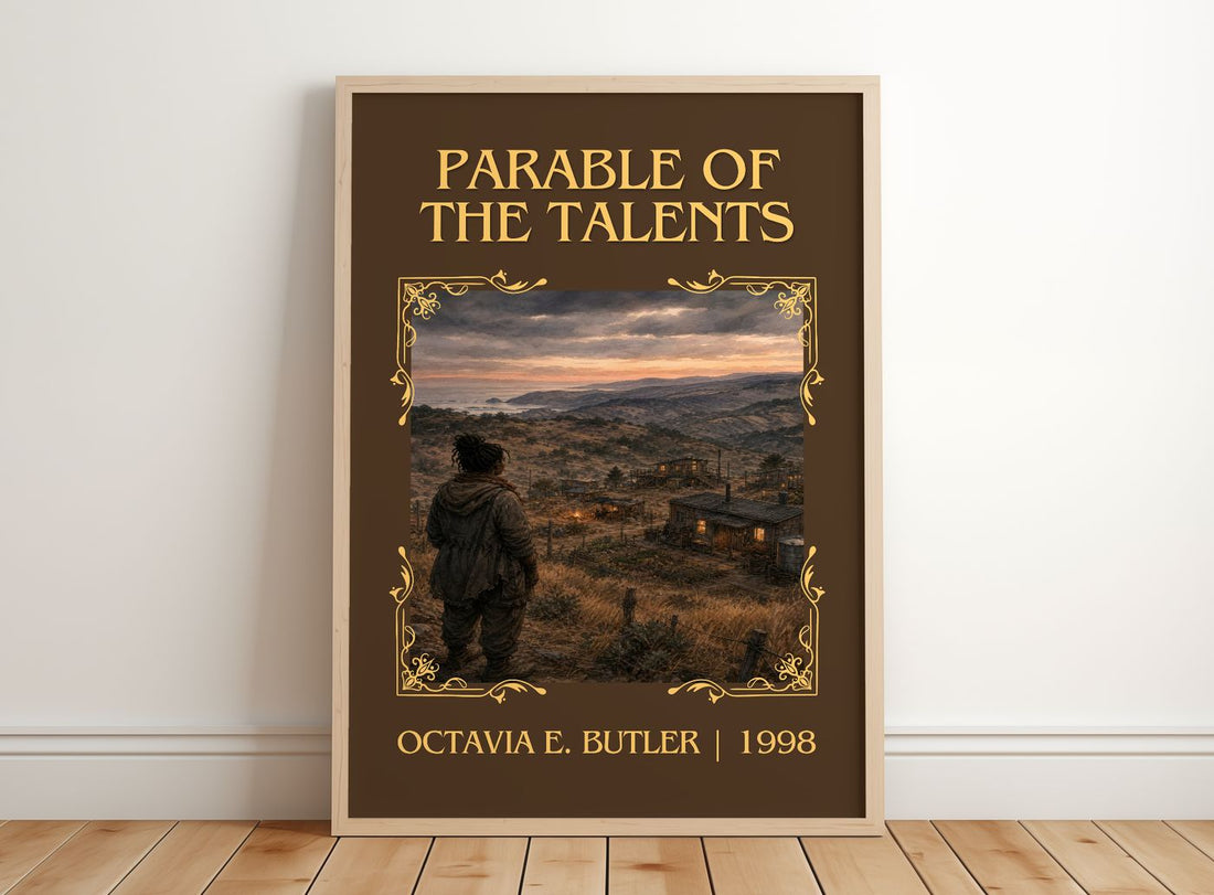 Parable of the Talents Classic Book Art Print by Octavia E. Butler – framed print leaning on a wooden floor