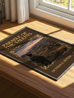 Parable of the Talents Classic Book Art Print by Octavia E. Butler – print on a sunlit desk