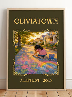 Oliviatown Classic Book Art Print by Allen Levi – framed print leaning on a wooden floor