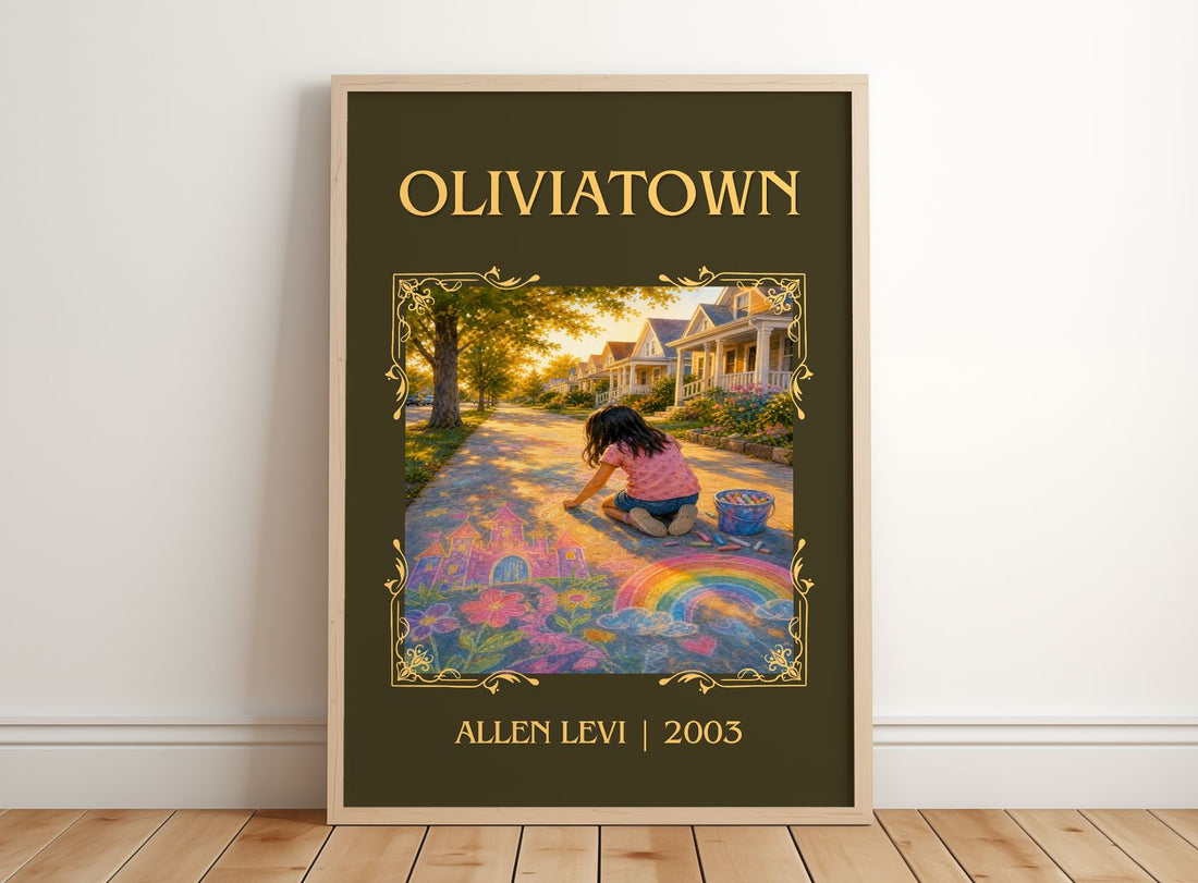 Oliviatown Classic Book Art Print by Allen Levi – framed print leaning on a wooden floor