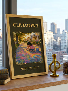 Oliviatown Classic Book Art Print by Allen Levi – framed print on a city-view windowsill
