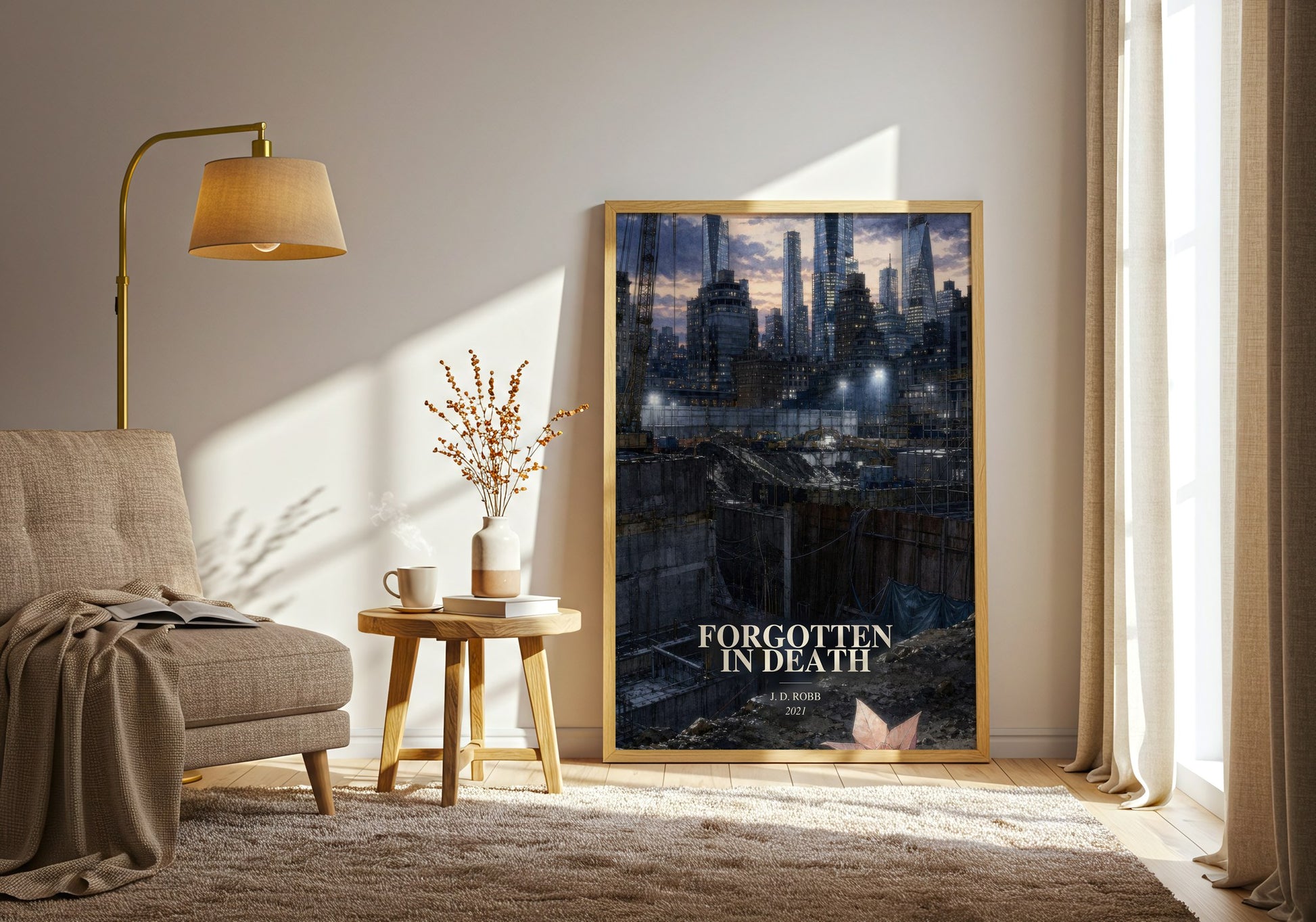 Forgotten In Death watercolour print in frame leaning in hallway – thriller wall art