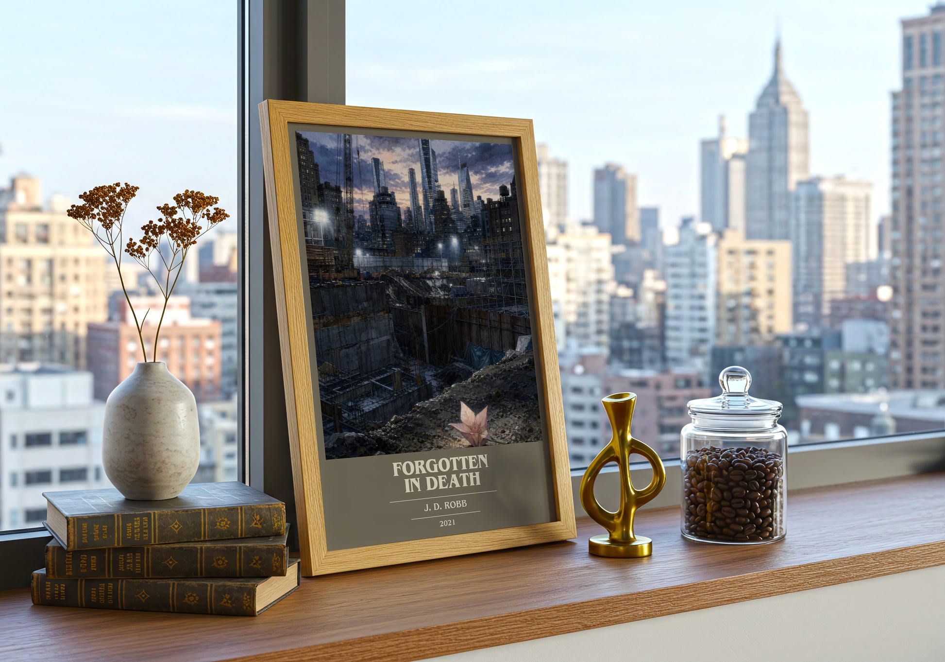 Forgotten In Death book cover print framed by window – literary home decor