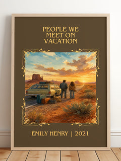 People We Meet on Vacation Classic Book Art Print by Emily Henry – framed print leaning on a wooden floor
