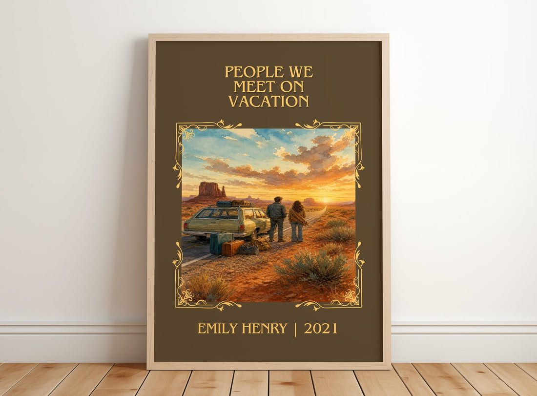 People We Meet on Vacation Classic Book Art Print by Emily Henry – framed print leaning on a wooden floor