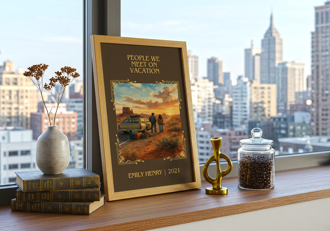 People We Meet on Vacation Classic Book Art Print by Emily Henry – framed print on a city-view windowsill