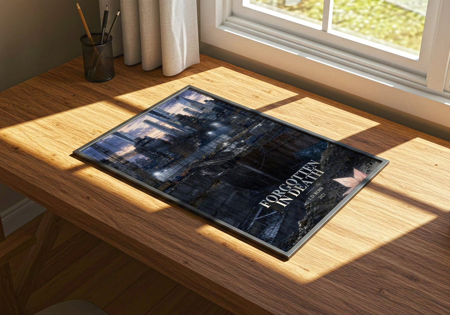 Forgotten In Death watercolour book poster framed on wall – thriller wall art