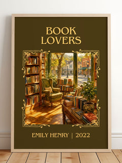 Book Lovers Classic Book Art Print by Emily Henry – framed print leaning on a wooden floor