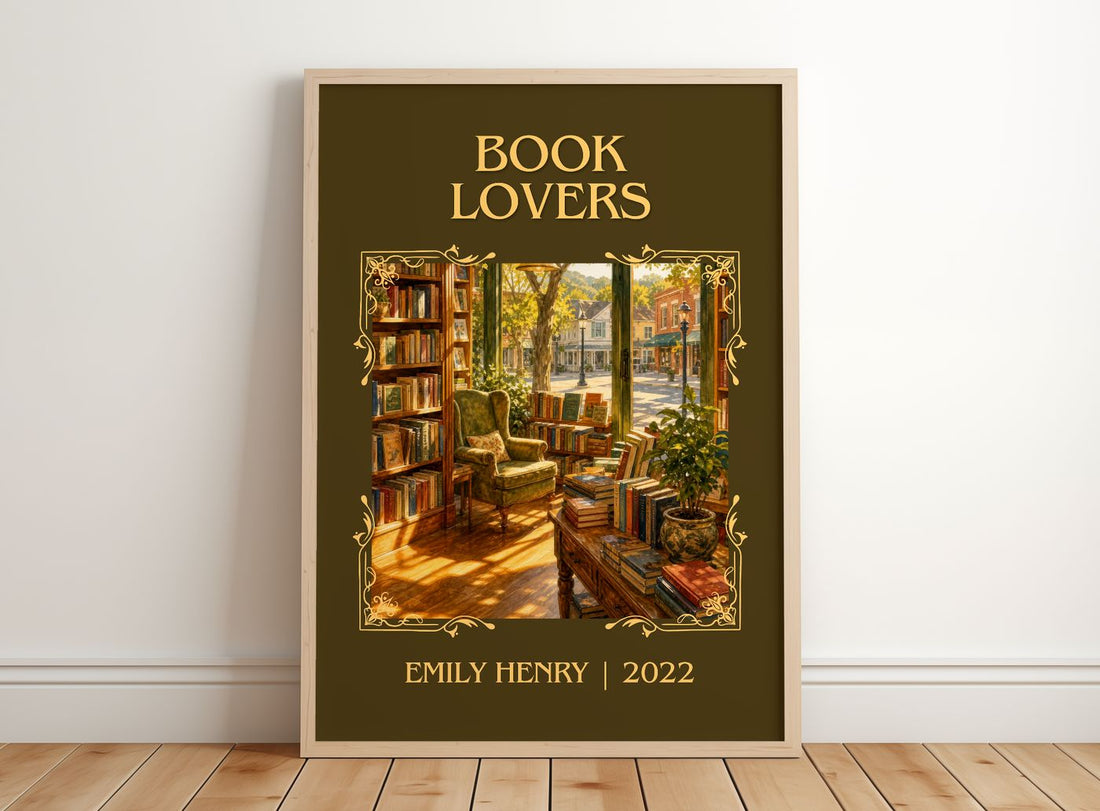 Book Lovers Classic Book Art Print by Emily Henry – framed print leaning on a wooden floor