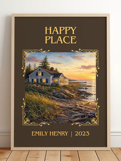 Happy Place Classic Book Art Print by Emily Henry – framed print leaning on a wooden floor