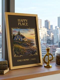 Happy Place Classic Book Art Print by Emily Henry – framed print on a city-view windowsill