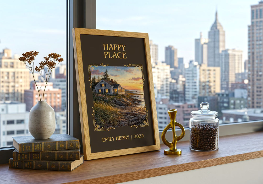 Happy Place Classic Book Art Print by Emily Henry – framed print on a city-view windowsill