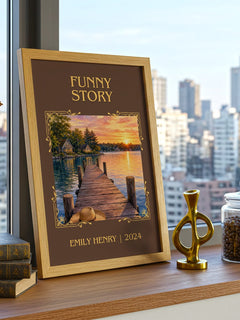 Funny Story Classic Book Art Print by Emily Henry – framed print on a city-view windowsill