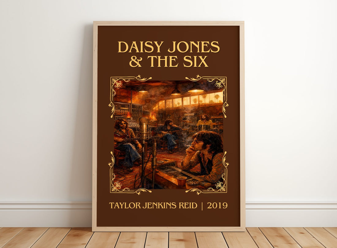 Daisy Jones & The Six Classic Book Art Print by Taylor Jenkins Reid – framed print leaning on a wooden floor