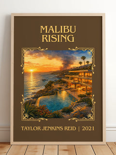 Malibu Rising Classic Book Art Print by Taylor Jenkins Reid – framed print leaning on a wooden floor