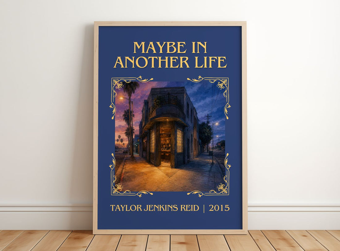 Maybe in Another Life Classic Book Art Print by Taylor Jenkins Reid – framed print leaning on a wooden floor