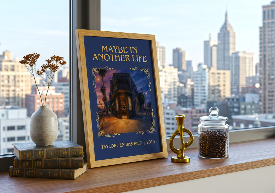 Maybe in Another Life Classic Book Art Print by Taylor Jenkins Reid – framed print on a city-view windowsill