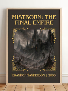 Mistborn: The Final Empire Classic Book Art Print by Brandon Sanderson – framed print leaning on a wooden floor