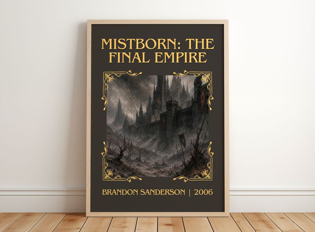 Mistborn: The Final Empire Classic Book Art Print by Brandon Sanderson – framed print leaning on a wooden floor