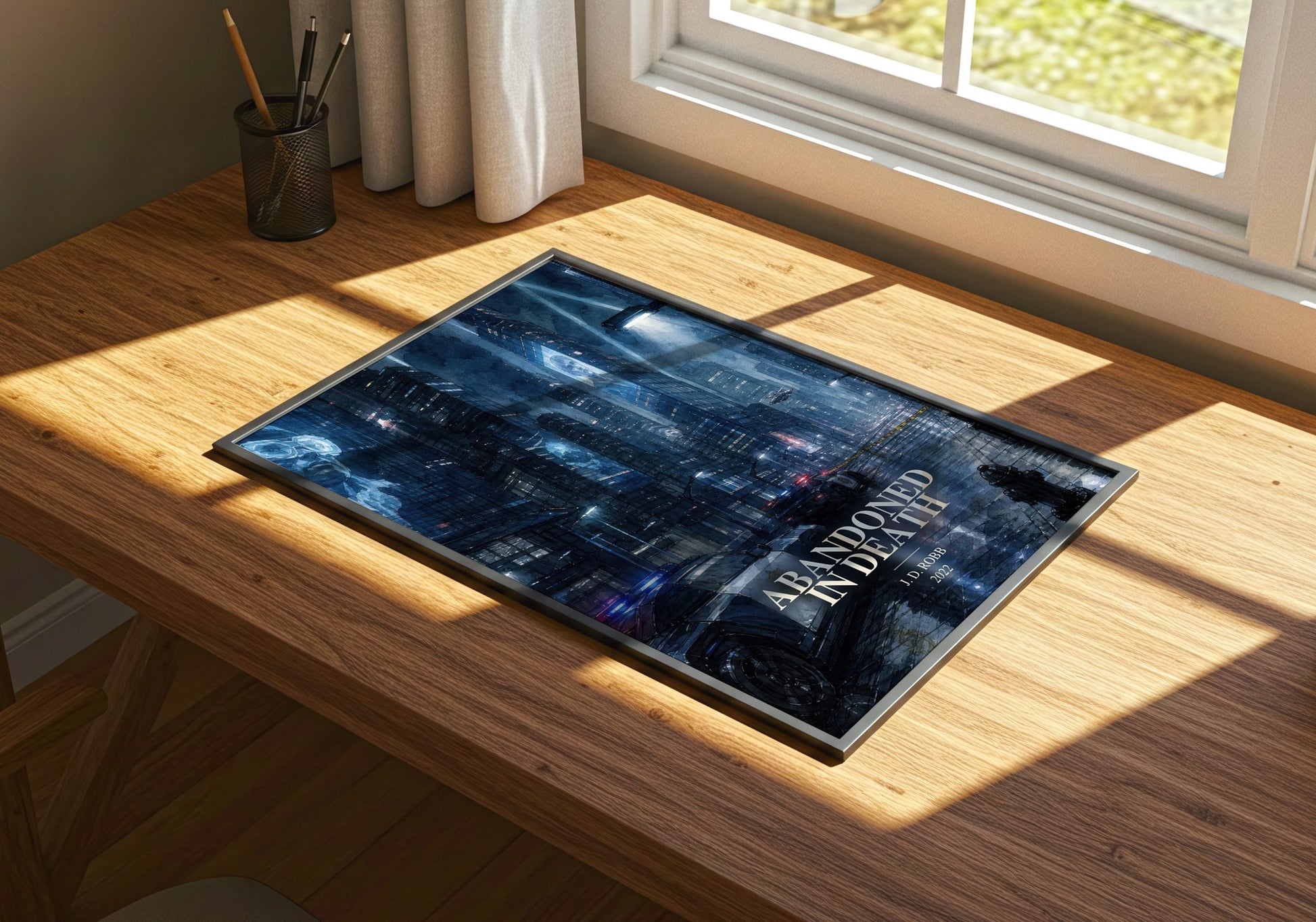 Abandoned In Death watercolour book poster framed on wall – mystery wall art